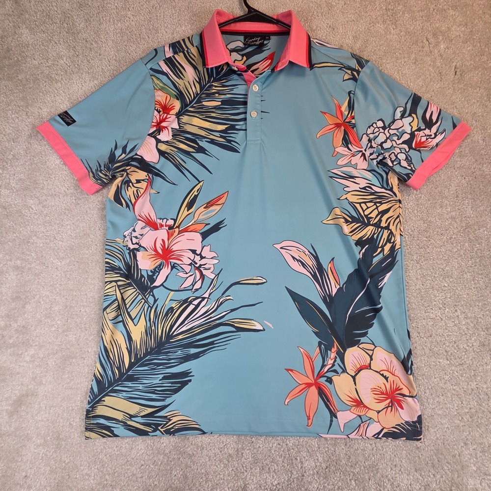 Sunday Swagger Mens Tropical Floral Golf Polo Blue Pink Short Sleeve Size M